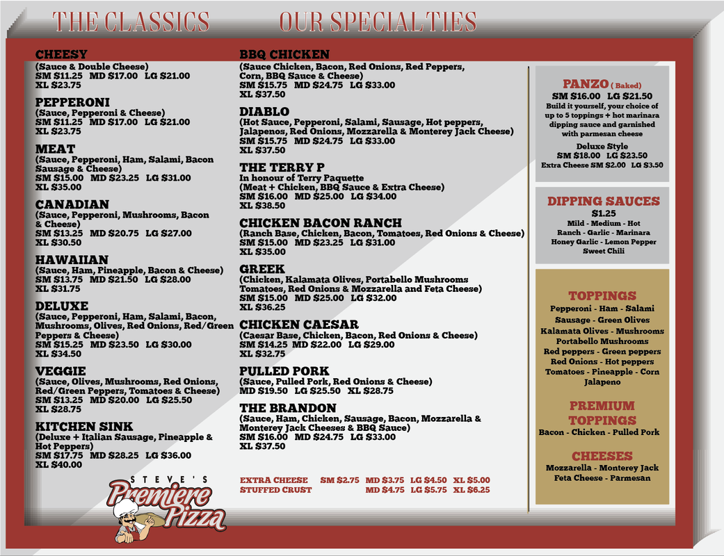 Steve's cheap pizza menu